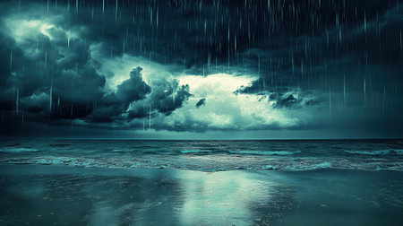 A dark storm clouds over the ocean and a beach, AIの素材