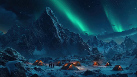 A group of people standing around a campfire in the snow, AIの素材