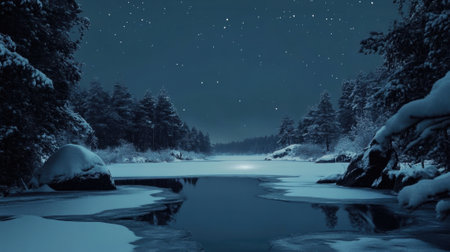 A frozen river with snow covered trees and a bright moon, AIの素材