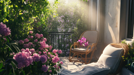 A chair and a wicker basket on the balcony of an apartment, AIの素材