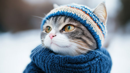 A cat wearing a blue hat and scarf looking up, AIの素材