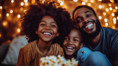 A man and two children smiling while sitting on a couch, AIの素材