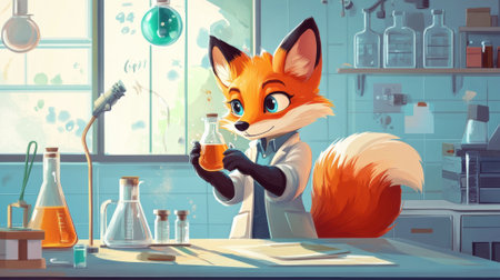 A cartoon fox in a lab coat holding up some liquid, AIの素材