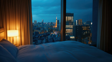 A bed with a white comforter and pillows in front of the window, AIの素材