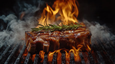 A steak on a grill with rosemary sprigs and flames, AIの素材