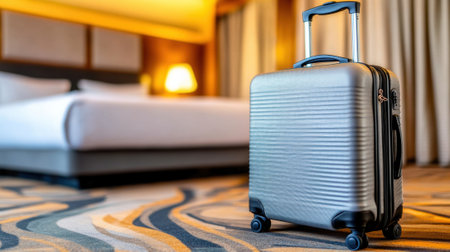 A silver suitcase sitting on a hotel room floor next to the bed, AIの素材
