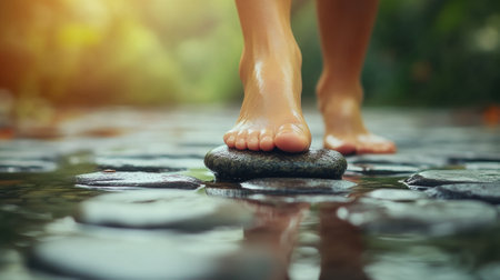 A person walking on a stone path with water running over it, AIの素材