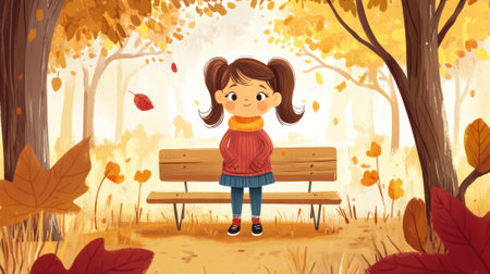 A cartoon girl sitting on a bench in the autumn woods, AIの素材