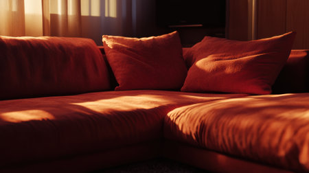 A close up of a red couch with some pillows on it, AIの素材