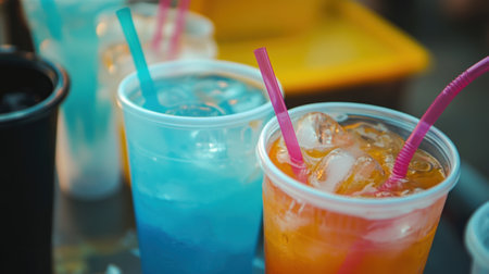 A close up of two cups with different colored drinks in them, AIの素材