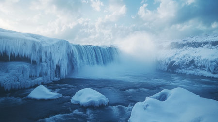 A large waterfall with ice covering it in a snowy area, AIの素材
