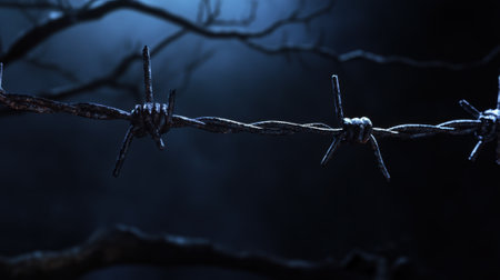 A close up of a barbed wire fence with some trees in the background, AIの素材