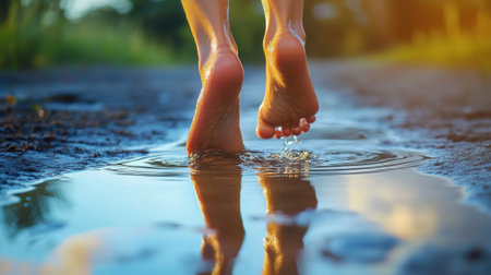 A person walking in a puddle of water with their feet, AIの素材