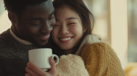 A man and woman holding a coffee mug together smiling, AIの素材