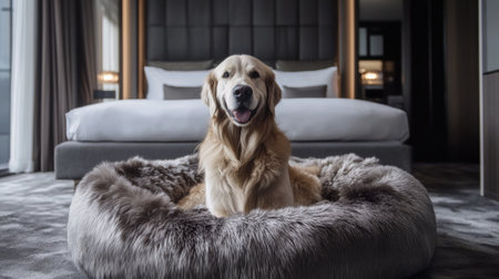 A dog sitting in a bed with white sheets and pillows, AIの素材