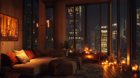 A bedroom with a large window overlooking the city at night, AIの素材