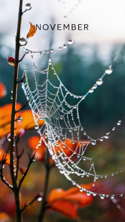 A spider web with dew drops on it and a leaf, AIの素材