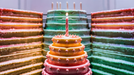 A close up of a multi layered cake with one lit candle, AIの素材