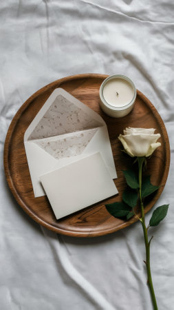 A tray with a rose, candle and some envelopes on it, AIの素材