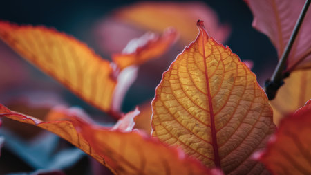 A close up of a leaf with red and yellow leaves, AIの素材