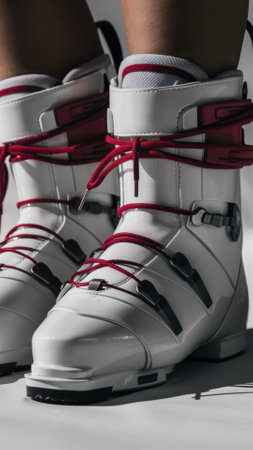 A close up of a person wearing white snow boots with red laces, AIの素材