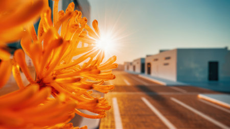 A close up of a flower in the sun on an empty street, AIの素材