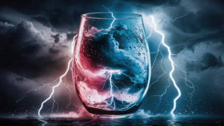 A glass filled with water and lightning in the background, AIの素材