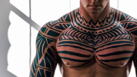 A man with a large tattoo on his chest and arms, AIの素材