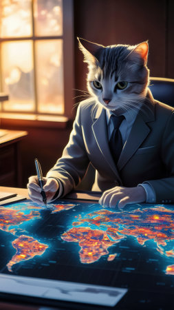 A cat in a suit and tie sitting at a desk with pen, AIの素材