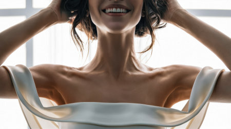 A woman in a white dress with her hair up and smiling, AIの素材