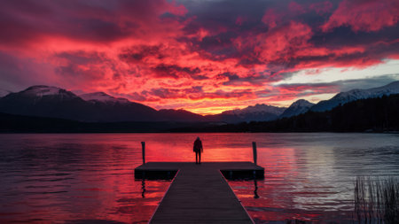 A person standing on a dock at the end of a lake, AIの素材