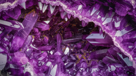 A close up of a purple crystal structure with many crystals, AIの素材