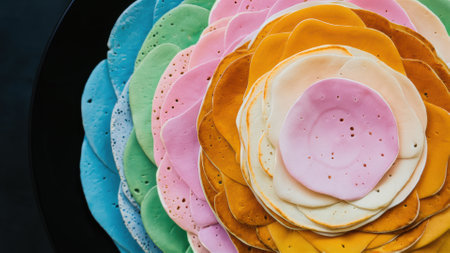 A black plate with a variety of colored pancakes on it, AIの素材