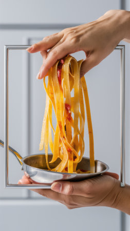 A person holding a plate of pasta in front of their hand, AIの素材
