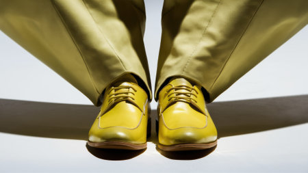 A person wearing yellow shoes and pants with a white background, AIの素材