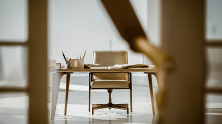 A chair and desk with a book on it in the middle of an empty room, AIの素材