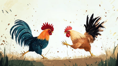 Two roosters are fighting in a field with grass, AIの素材