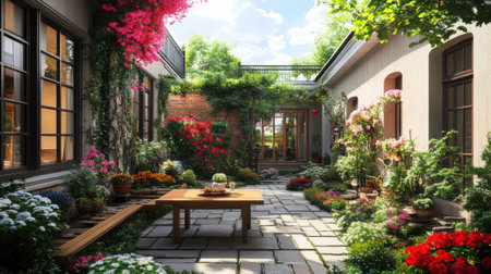 A courtyard with a table and flowers in the middle, AIの素材