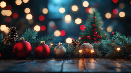 A close up of a christmas tree and decorations on the table, AIの素材