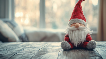 A small santa claus sitting on a table in front of the window, AIの素材
