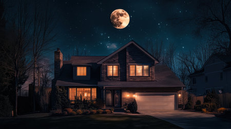 A house with a driveway and garage lit up at night, AIの素材