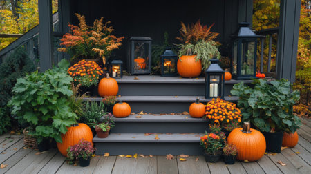 A set of steps with pumpkins and lanterns on them, AIの素材