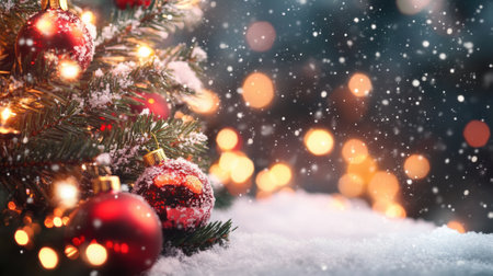 A close up of a christmas tree with lights and ornaments, AIの素材