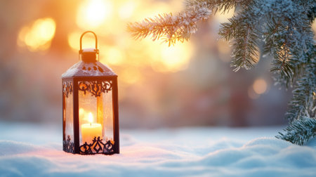A lit lantern sitting in the snow with a tree behind it, AIの素材