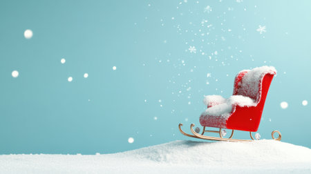 A red chair sitting on a snow covered hill with falling snow, AIの素材