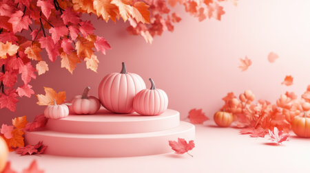 A pink background with pumpkins and leaves on a pedestal, AIの素材