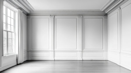 A empty room with white walls and a large window, AIの素材