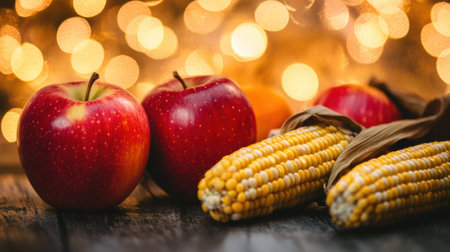 Two apples and two ears of corn sit on a table, AIの素材