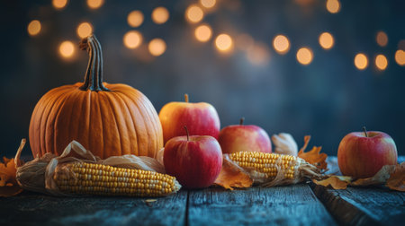 A table with apples, pumpkins and corn on it, AIの素材