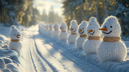 A row of snowmen made out of knitted sweaters lined up on a road, AIの素材